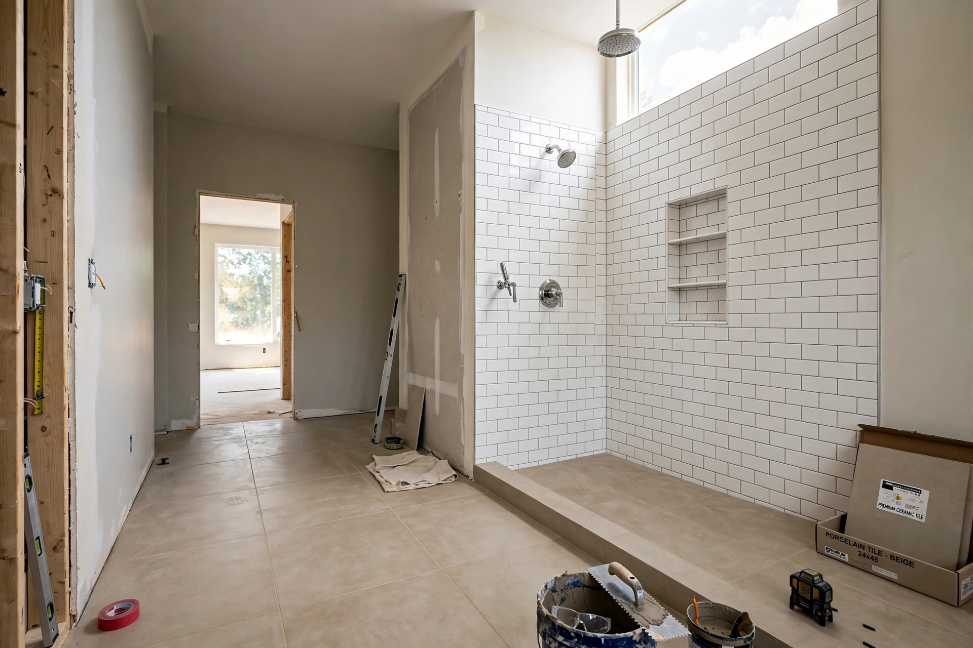 Newly tiled bathroom floor and walk-in shower wall in Kingsport TN