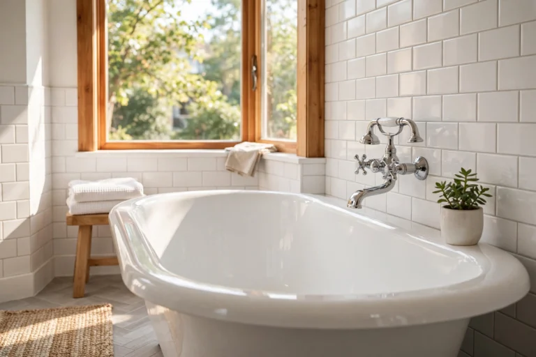 Refinished white bathtub gleaming in a bright modern bathroom in Kingsport TN