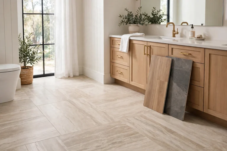Best flooring for bathrooms — modern bathroom with porcelain tile floor, vinyl and stone flooring samples, Kingsport TN remodel