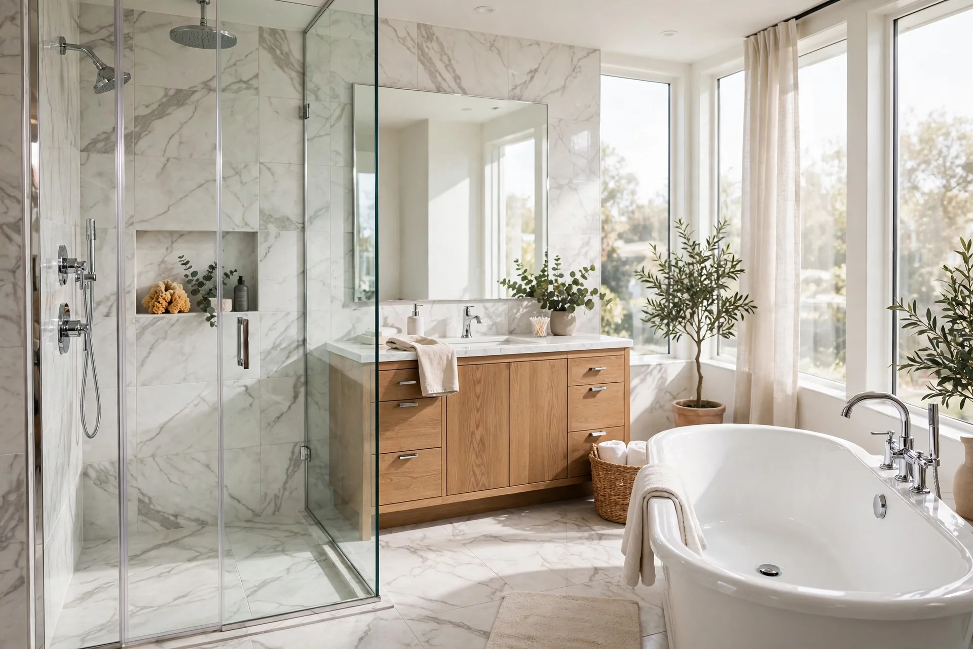 Modern bathroom with freestanding soaking tub and glass walk-in shower