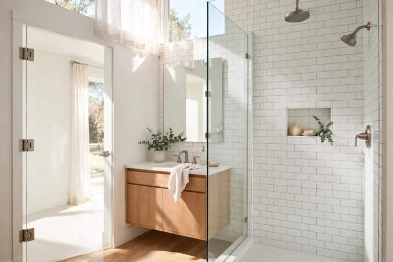 Frameless glass shower door in a bright modern bathroom in Kingsport TN