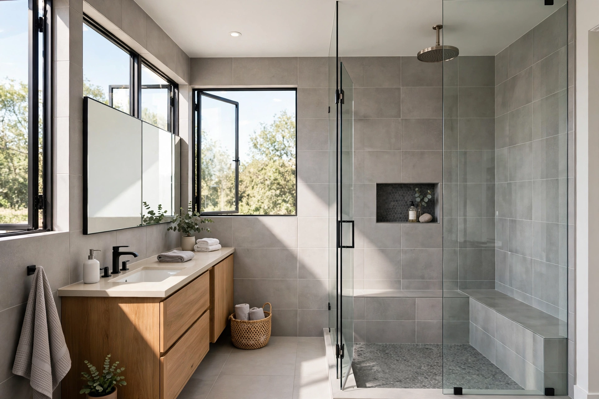 Modern walk-in shower with glass enclosure and tile walls in Kingsport TN bathroom