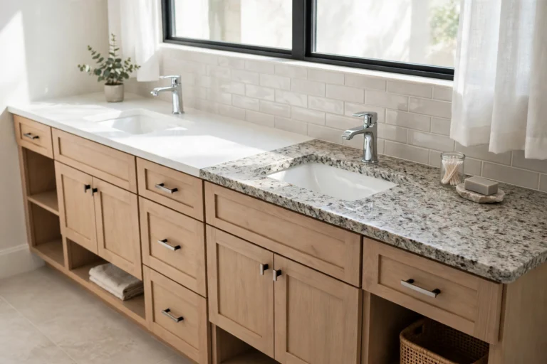 Quartz vs granite bathroom countertops — modern bathroom vanity with quartz and granite countertop samples, Kingsport TN remodel