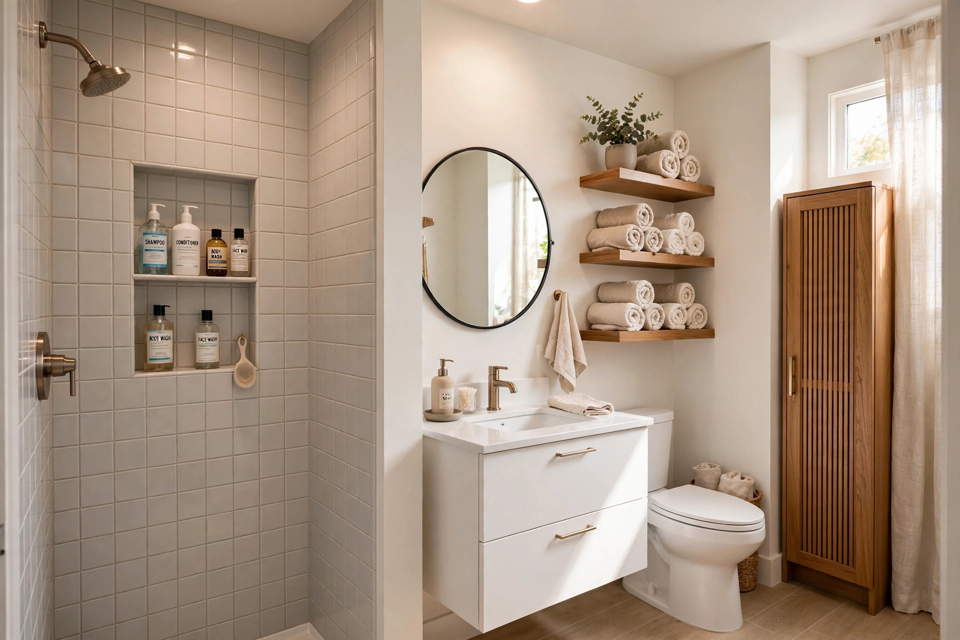 Small bathroom storage ideas — built-in shower niche, floating shelves, and vanity drawers in a Kingsport TN remodel